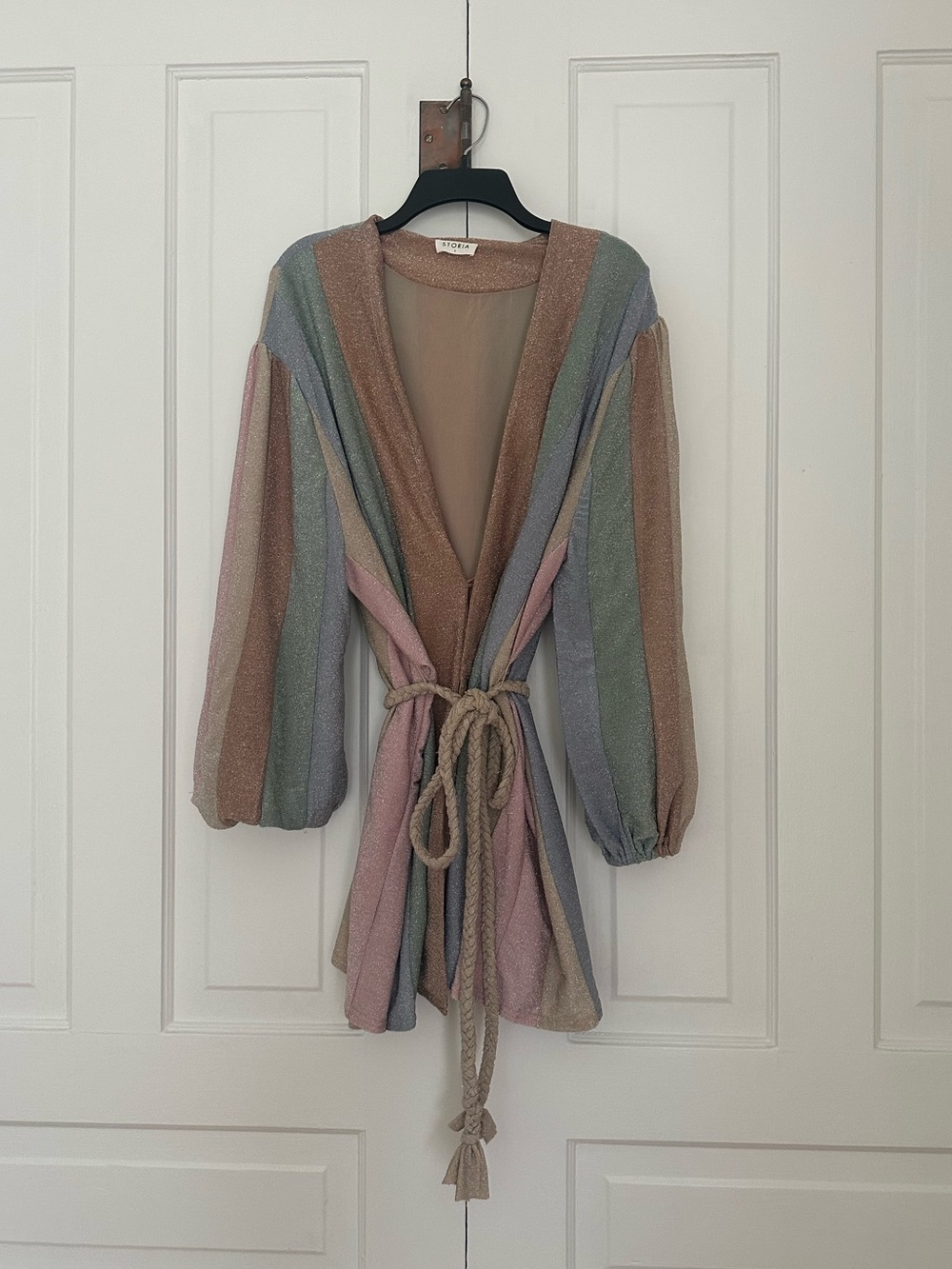 Storia Color My World Pastel Shimmer Striped Long Balloon Sleeves Wrap Dress